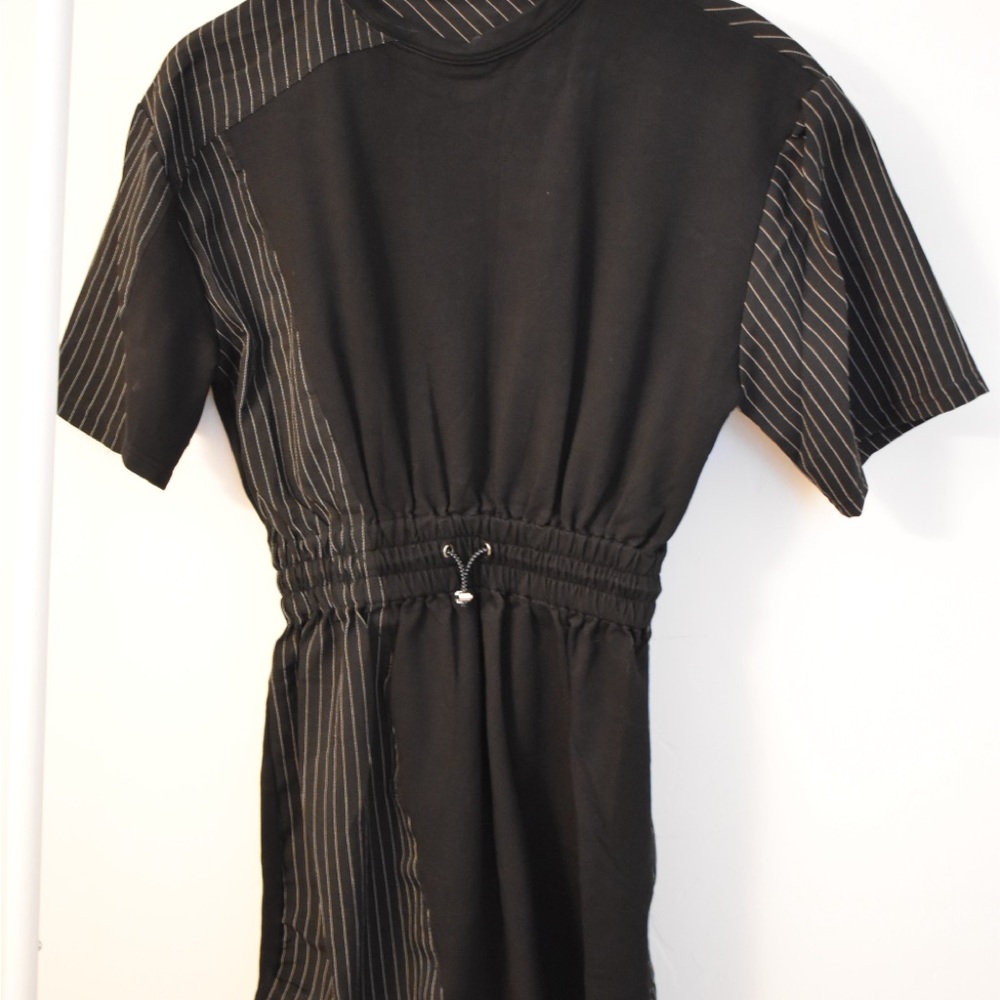 Maniere De Voir Black Mini Dress with Gray Stripes